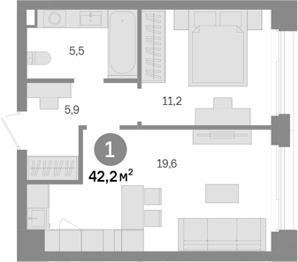 1-комн., 42.2 м², 20/43 этаж, ЖК «Квартал Издание»