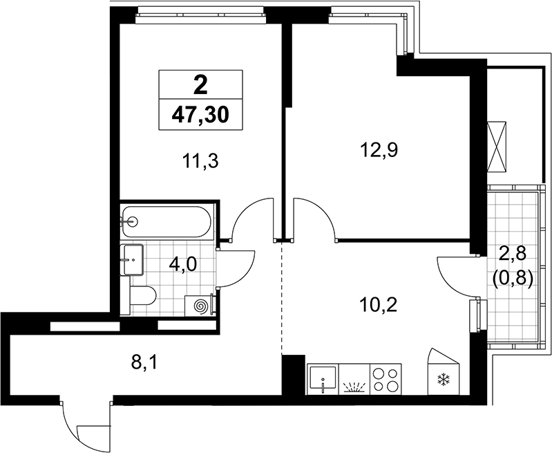 2-комн., 46.5 м², 4/12 этаж, ЖК «Деснаречье»
