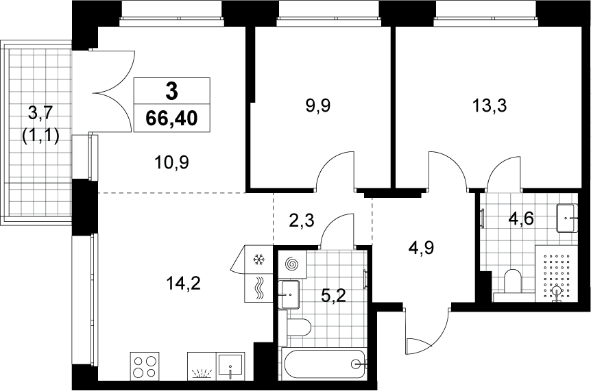 3-комн., 65.3 м², 7/15 этаж, ЖК «Хольм»
