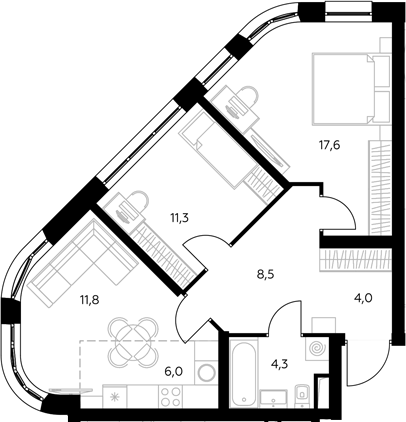 3-комн., 70.2 м², 23/43 этаж, ЖК «Адмирал»