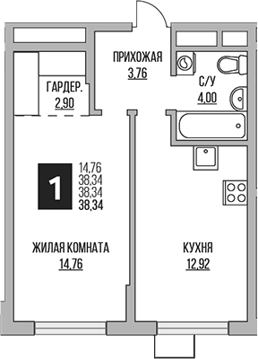 1-комн., 38.34 м², 4/12 этаж, ЖК «Гранель Мытищи»