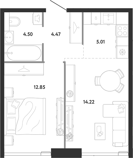 1-комн., 41.05 м², 10/12 этаж, ЖК «Ридж»