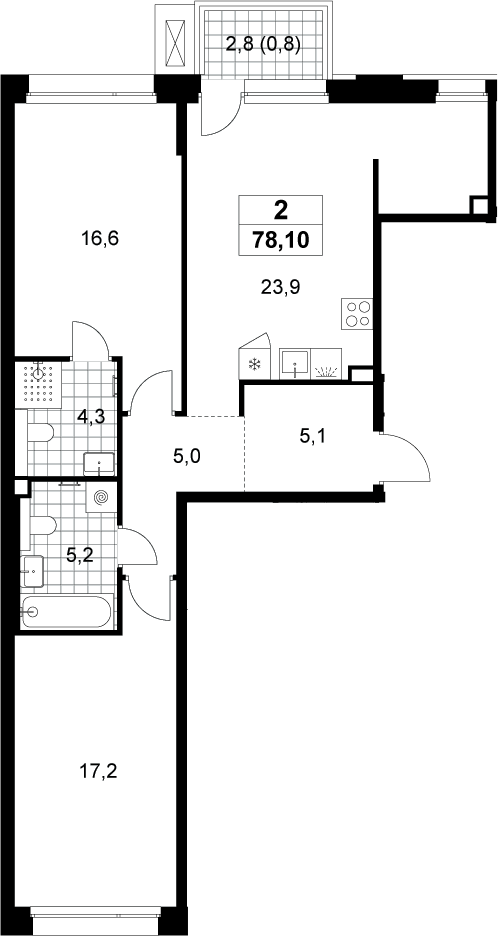 3-комн., 77.3 м², 2/6 этаж, ЖК «Хольм»