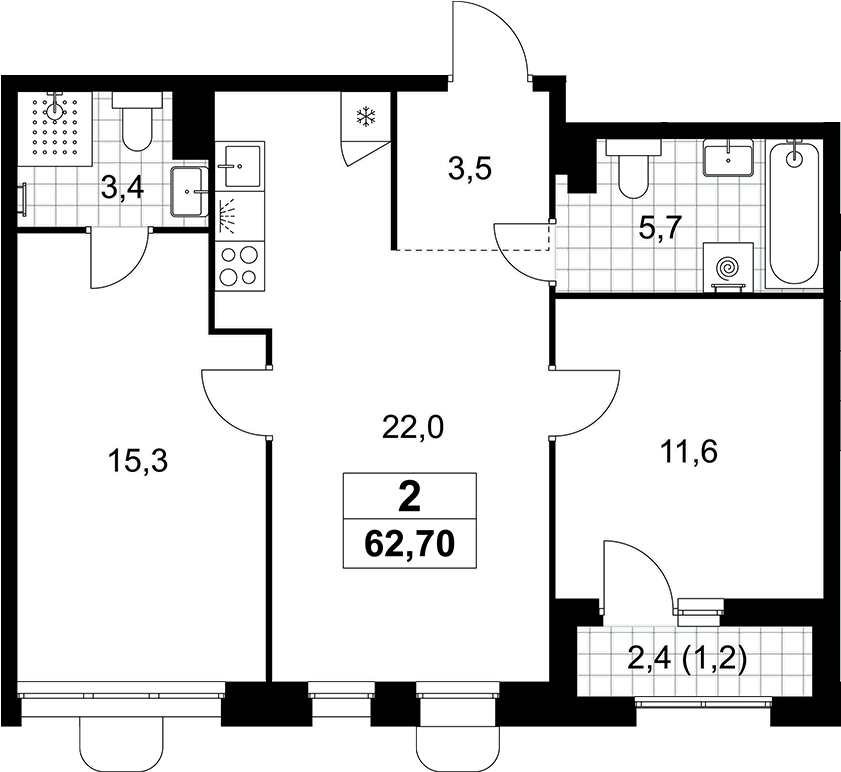 3-комн., 61.5 м², 9/10 этаж, ЖК «Прокшино»
