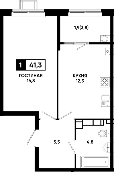 1-комн., 39.4 м², 12/23 этаж, ЖК «Резиденция Софи»