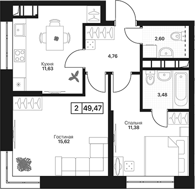 2-комн., 49.47 м², 3/17 этаж, ЖК «Пушкино Град»