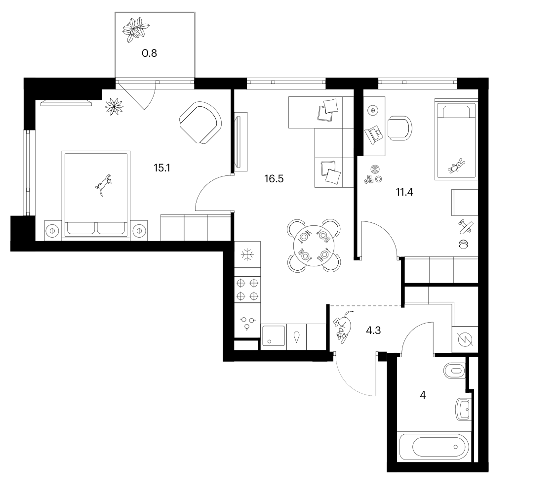 2-комн., 51.3 м², 2/24 этаж, ЖК «Зеленый парк»