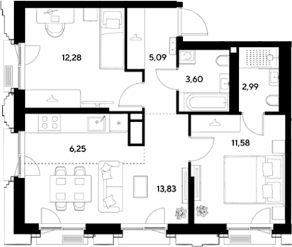 3-комн., 55.62 м², 7/25 этаж, ЖК «ЭВО»