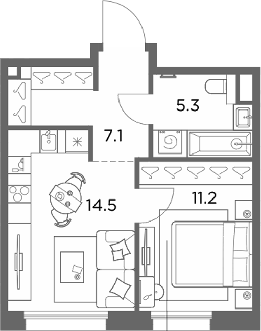 1-комн., 38.1 м², 3/6 этаж, ЖК «Станиславский»