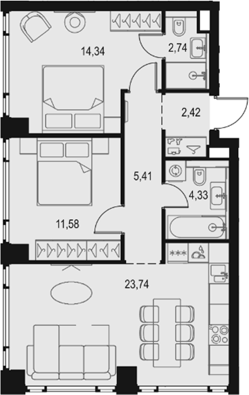 3-комн., 64.56 м², 2/29 этаж, ЖК «Левел Павелецкая Сити»
