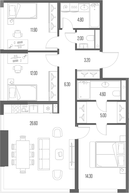 3-комн., 90.7 м², 5/12 этаж, ЖК «Северный Порт»