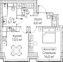 1-комн., 44.39 м², 11/60 этаж, ЖК «СЕЗАР БУДУЩЕЕ»