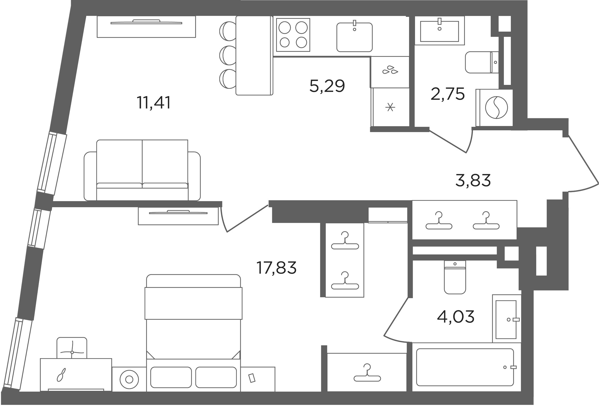 2-комн., 45.14 м², 8/30 этаж, ЖК «Сикрет Гарден»