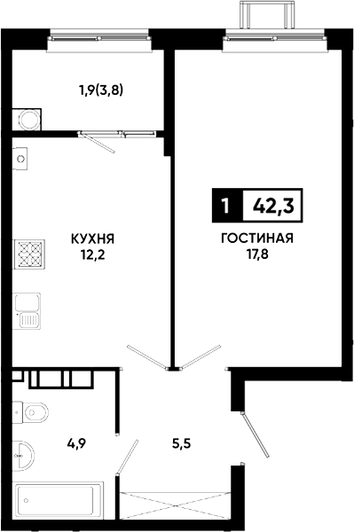 1-комн., 40.4 м², 3/23 этаж, ЖК «Резиденция Софи»
