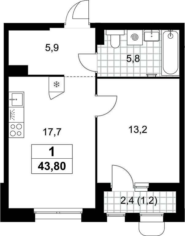 2-комн., 42.6 м², 5/10 этаж, ЖК «Прокшино»