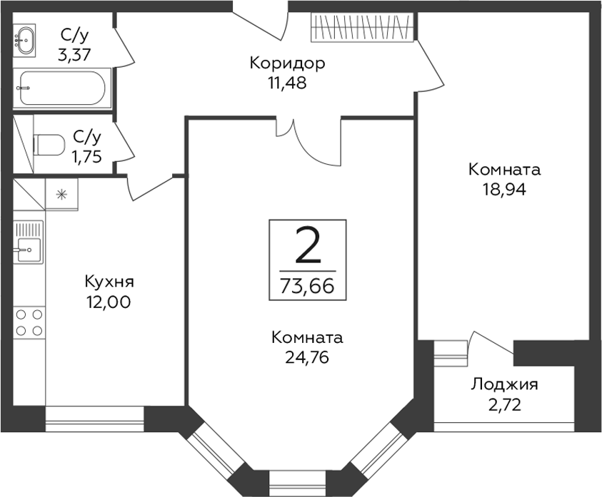 2-комн., 72.3 м², 13/23 этаж, ЖК «Пахра Сити»