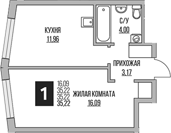 1-комн., 35.22 м², 4/14 этаж, ЖК «Гранель Притяжение Сити»