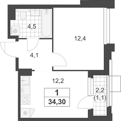 1-комн., 33.2 м², 13/19 этаж, ЖК «Южные сады»