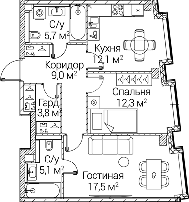2-комн., 65.5 м², 3/12 этаж, ЖК «СЕЗАР БУДУЩЕЕ»