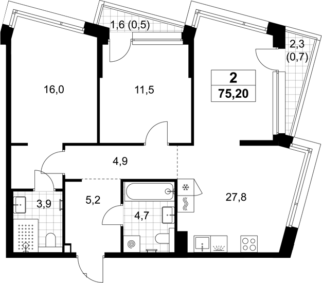 3-комн., 74 м², 2/6 этаж, ЖК «Хольм»