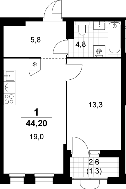 2-комн., 42.9 м², 12/14 этаж, ЖК «Прокшино»