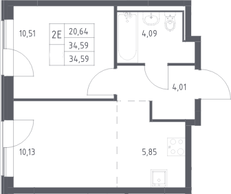2-комн., 34.59 м², 13/13 этаж, ЖК «Прибрежный Парк»