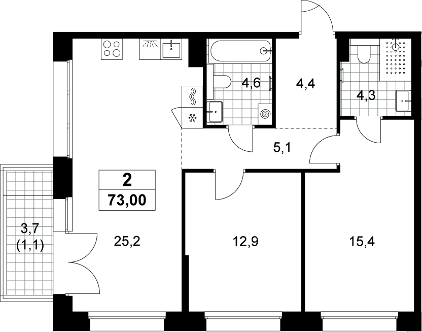 3-комн., 71.9 м², 6/15 этаж, ЖК «Хольм»