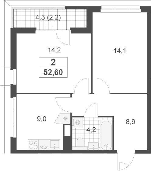 2-комн., 50.4 м², 10/17 этаж, ЖК «Скандинавия»