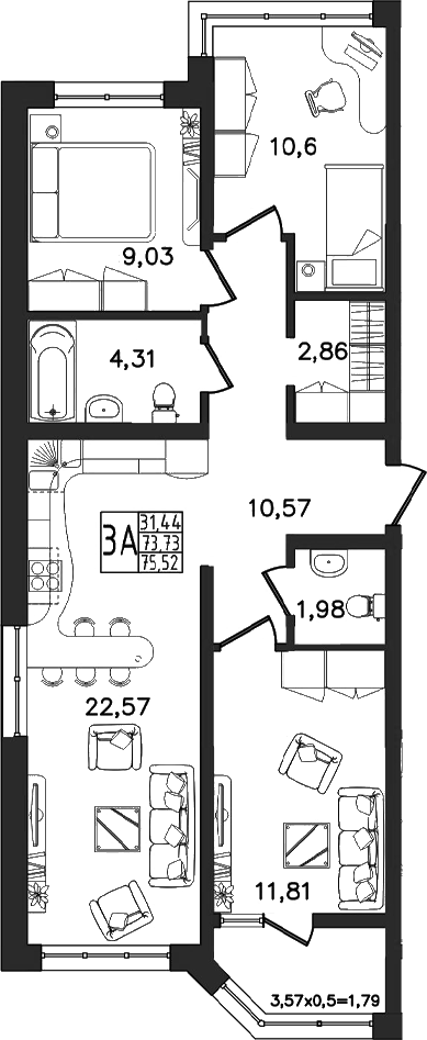 4-комн. квартира, 73.73 м² в ЖК Яблоневый — фото 2