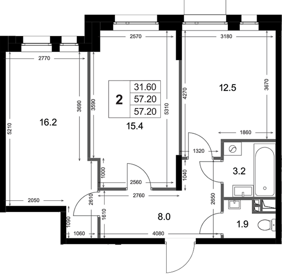 2-комн., 57.2 м², 3/3 этаж, ЖК «Кореневский Форт 2.3»