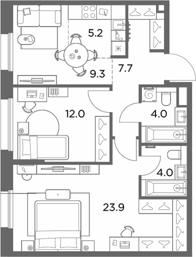 3-комн., 66.1 м², 2/6 этаж, ЖК «Станиславский»