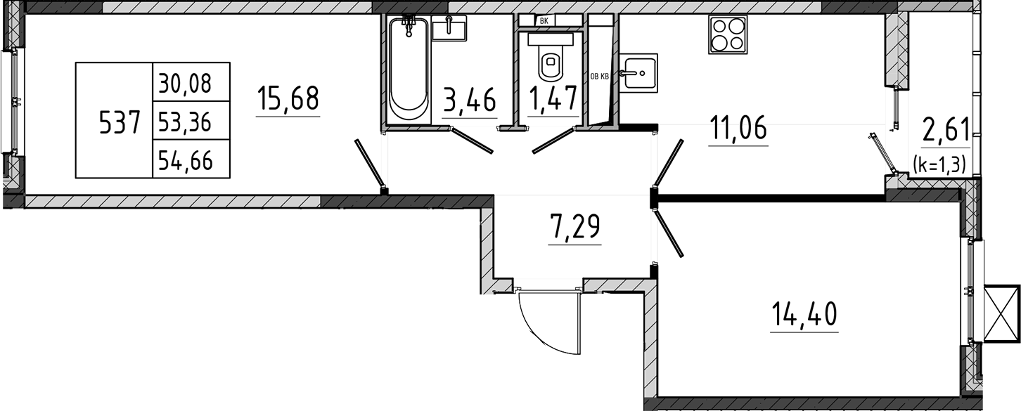 2-комн., 53.36 м², 9/17 этаж, ЖК «Поварово-Молодежный-2»