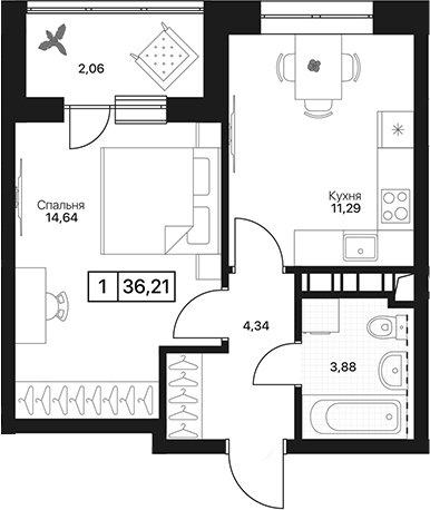 1-комн., 34.15 м², 2/17 этаж, ЖК «Пушкино Град»