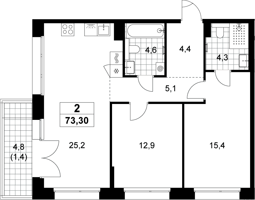 3-комн., 71.9 м², 10/15 этаж, ЖК «Хольм»