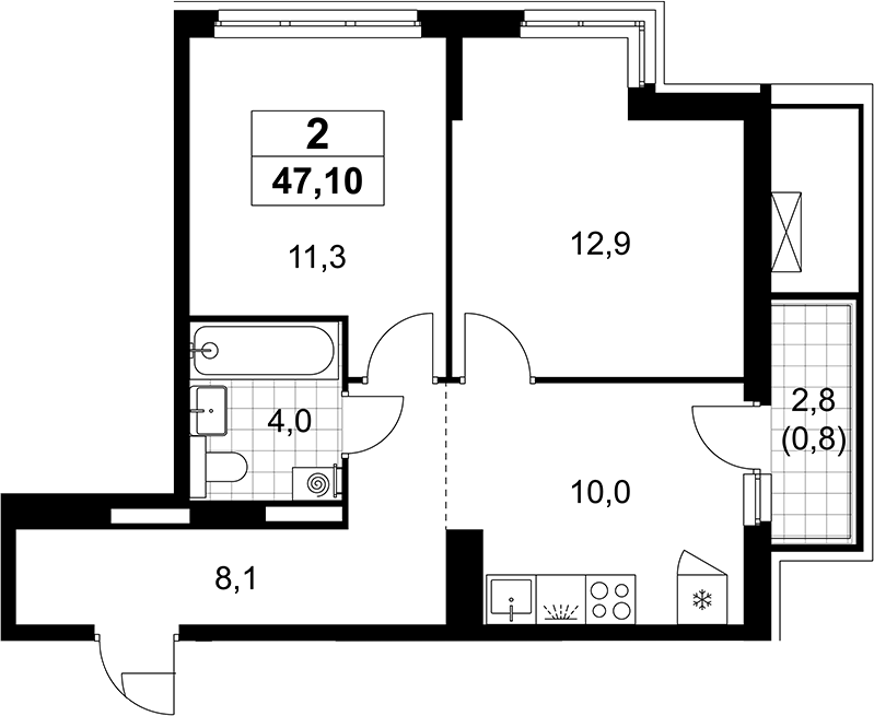 2-комн., 46.3 м², 12/12 этаж, ЖК «Деснаречье»