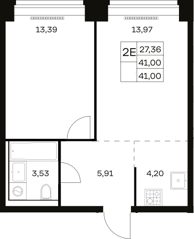 2-комн., 41 м², 5/12 этаж, ЖК «НОВА»
