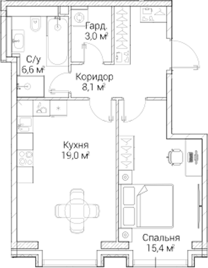 1-комн., 52.05 м², 5/6 этаж, ЖК «СЕЗАР БУДУЩЕЕ»