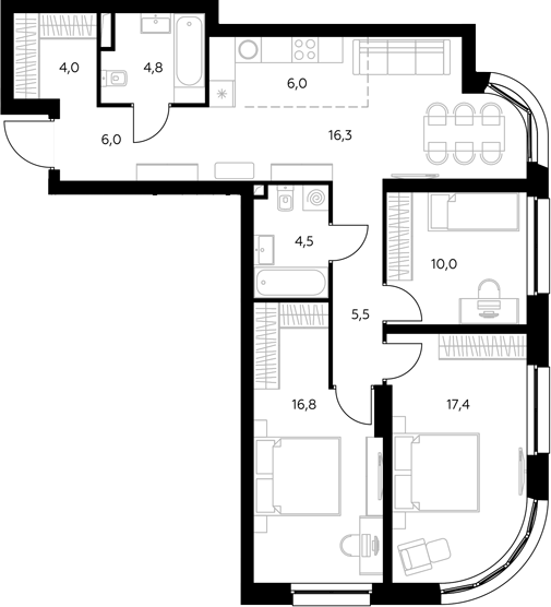 4+ комнаты, 90.8 м², 3/43 этаж, ЖК «Адмирал»