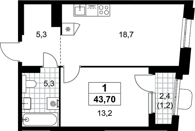 2-комн., 42.5 м², 14/16 этаж, ЖК «Прокшино»