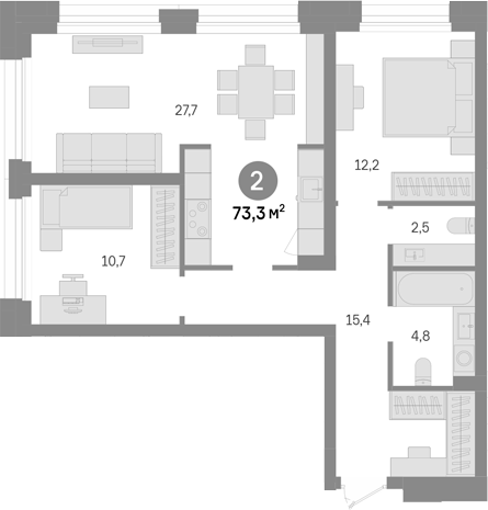 2-комн., 73.3 м², 23/43 этаж, ЖК «Квартал Издание»
