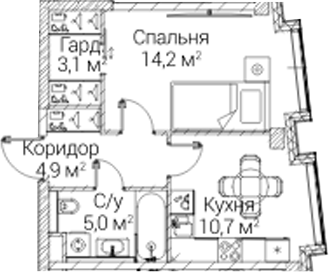 1-комн., 37.9 м², 2/12 этаж, ЖК «СЕЗАР БУДУЩЕЕ»