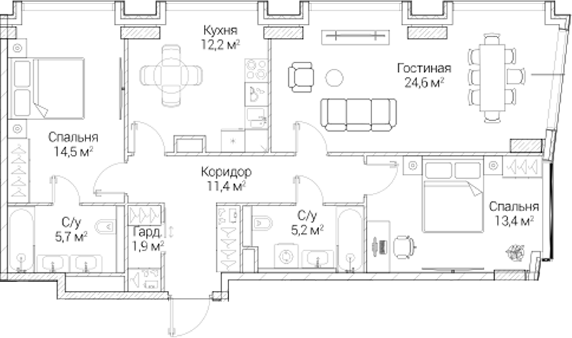 3-комн., 88.9 м², 2/6 этаж, ЖК «СЕЗАР БУДУЩЕЕ»