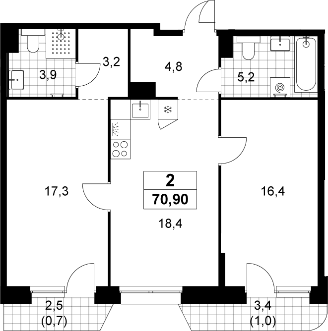 3-комн., 69.2 м², 10/14 этаж, ЖК «Прокшино»