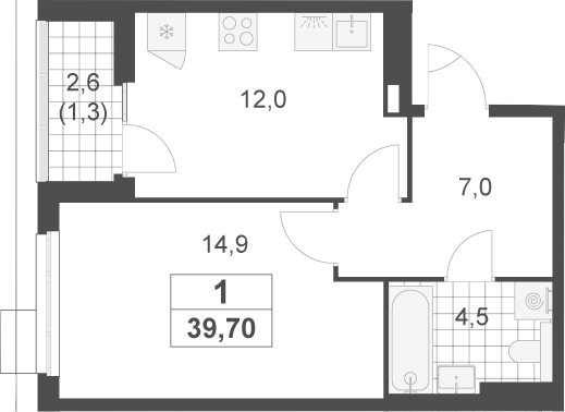 1-комн., 38.4 м², 16/17 этаж, ЖК «Скандинавия»