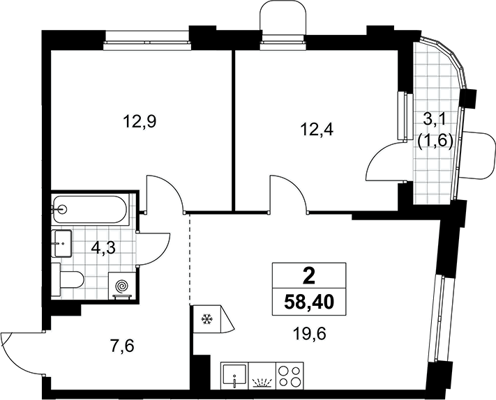 3-комн., 56.8 м², 9/16 этаж, ЖК «Прокшино»
