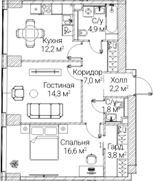 2-комн., 62.8 м², 7/60 этаж, ЖК «СЕЗАР БУДУЩЕЕ»