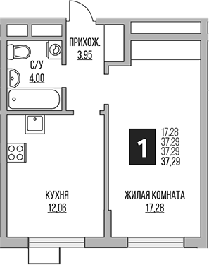 1-комн., 37.29 м², 9/12 этаж, ЖК «Гранель Мытищи»