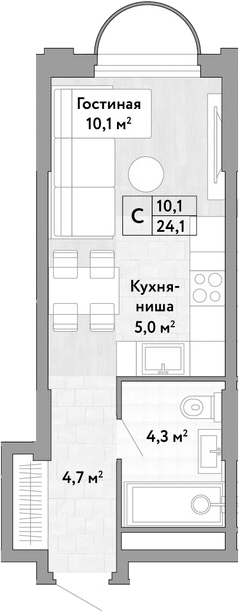 Студия, 24.1 м², 9/29 этаж, ЖК «Новые Смыслы»