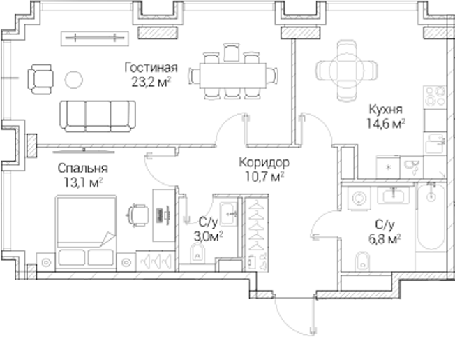 2-комн., 71.4 м², 2/6 этаж, ЖК «СЕЗАР БУДУЩЕЕ»