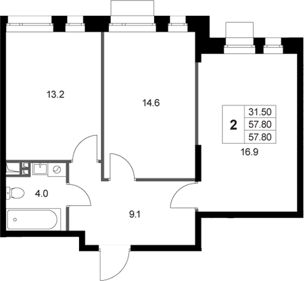 2-комн., 57.8 м², 2/3 этаж, ЖК «Кореневский Форт 2.3»